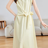 Elegant Commuter Crew Neck Cap Sleeve Side Tie Waist-Cinched Dress