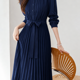 Elegant Crew Neck Tie Waist Long-Sleeve Pleated Dress