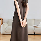 Elegant Commuter Crew Neck Cap Sleeve Side Tie Waist-Cinched Dress