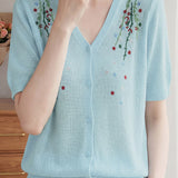 Gentle Elegant Plum Blossom Embroidered Tencel Short Sleeve Knit Top