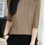 Casual Floral Embossed Vertical Stripe Crew Neck Knit Top