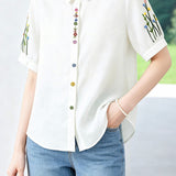 Casual Fresh Floral & Plant Embroidered 100% Cotton Blouse