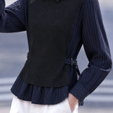 Elegant Commuter Navy Striped Fake Two-Piece Shirt