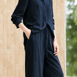 Casual Minimalist Two-Piece Set: Patch Pocket Drawstring Shirt & Trousers