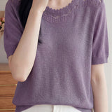 Elegant Commuter Ruffle Trim Short Sleeve Knit Top