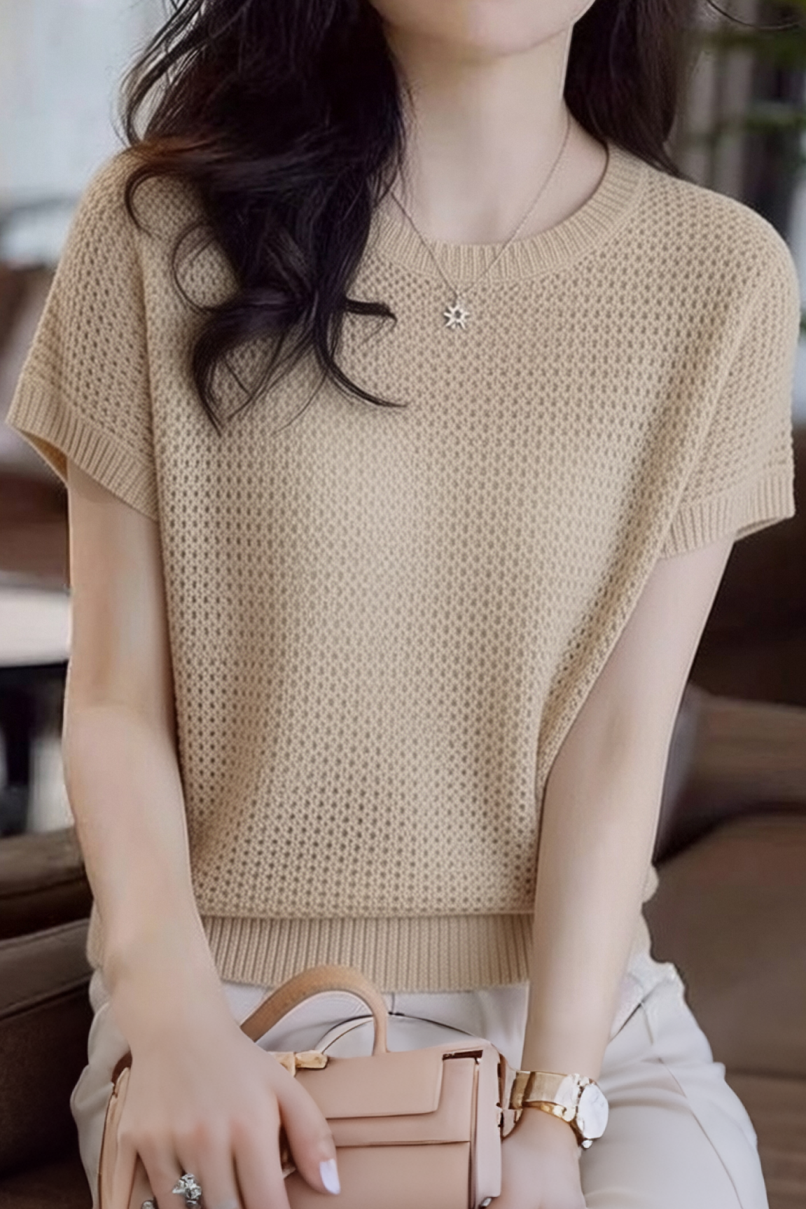 Casual Crew Neck Hollow Knit Sweater - liwisi