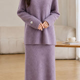 Casual Button Knit Top & Midi Skirt Two-Piece Set