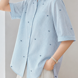 Fresh Commuter Bow Embroidery Blue And White Striped Shirt