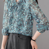 Elegant Commuter Ruffled Stand‑Collar Long‑Sleeve Lantern‑Sleeve Printed Shirt