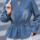 Casual Mini Stand‑Collar Elastic Waist Long‑Sleeve Shirt