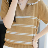 Gentle Commuter Lace Trim Striped Knit T-shirt