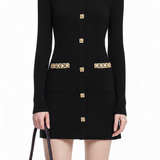 Elegant Rhinestone Trim Single-Breasted Dress
