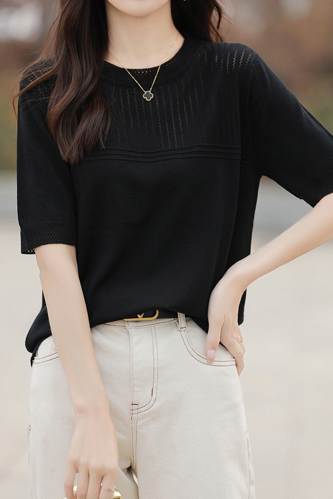 Round Neck Openwork Knit Top - 5 Colors Available - liwisi