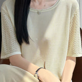 Elegant Tencel Lyocell Hollow-Out Cuffed Crew Neck Knit Top