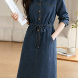 Casual Lapel Drawstring Waist Shirt Denim Dress