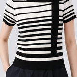 Elegant Color-Block Black And White Stripe Short Sleeve Knit Top