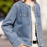 Exquisite Commuter Crew Neck Beaded Denim Jacket