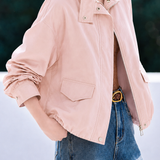 Casual Commuter Stand Collar Zip Cropped Jacket With Gathered Hem