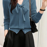 V-Neck Ribbon Tie Wool-Like Knit - 5 Colors Available