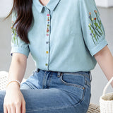 Casual Fresh Floral & Plant Embroidered 100% Cotton Blouse