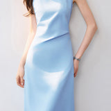 Minimalist Commuter Square Neck Ruched Sleeveless Dress