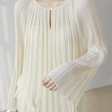 Elegant Lyocell Pleated Crew Neck Knit Sweater With Teardrop Buttons