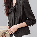 French Commuter V‑Neck Long‑Sleeve Blouse With Tie Detail And Polka‑Dot Print