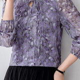 Elegant Commuter Ruffled Stand‑Collar Long‑Sleeve Lantern‑Sleeve Printed Shirt