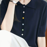 Elegant Commuter Lyocell Tencel Color Button Lapel Short-Sleeve Knit Top