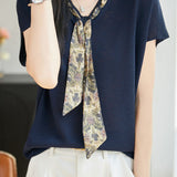 Elegant Commuter V-Neck Printed Sash Short Sleeve Knit Top