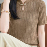 Elegant Commuter Frog Button Hollow-out Short Sleeve Knit Top
