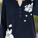 Elegant Commuter V-Neck Jacquard Long Sleeve Knit Top