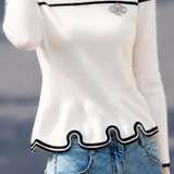 Exquisite Elegant Color Block Round Neck Ruffle Long Sleeve Knit Sweater