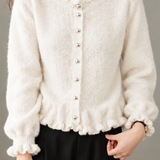 Elegant Ruffled Round Neck Long Sleeve Knit Cardigan