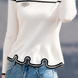 Exquisite Elegant Color Block Round Neck Ruffle Long Sleeve Knit Sweater