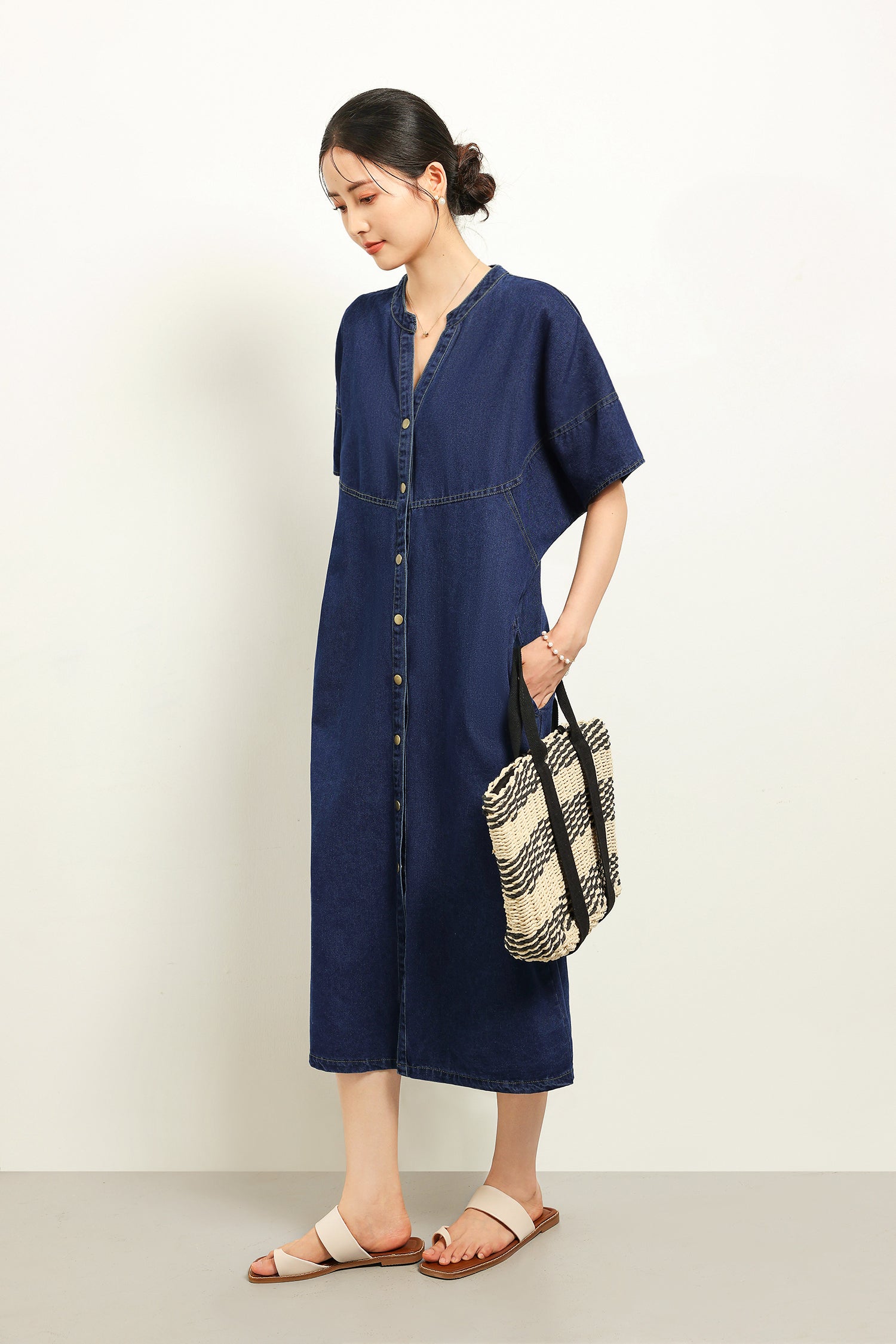 スキッパーカラーデニムロングシフトワンピース　2色入 - liwisi