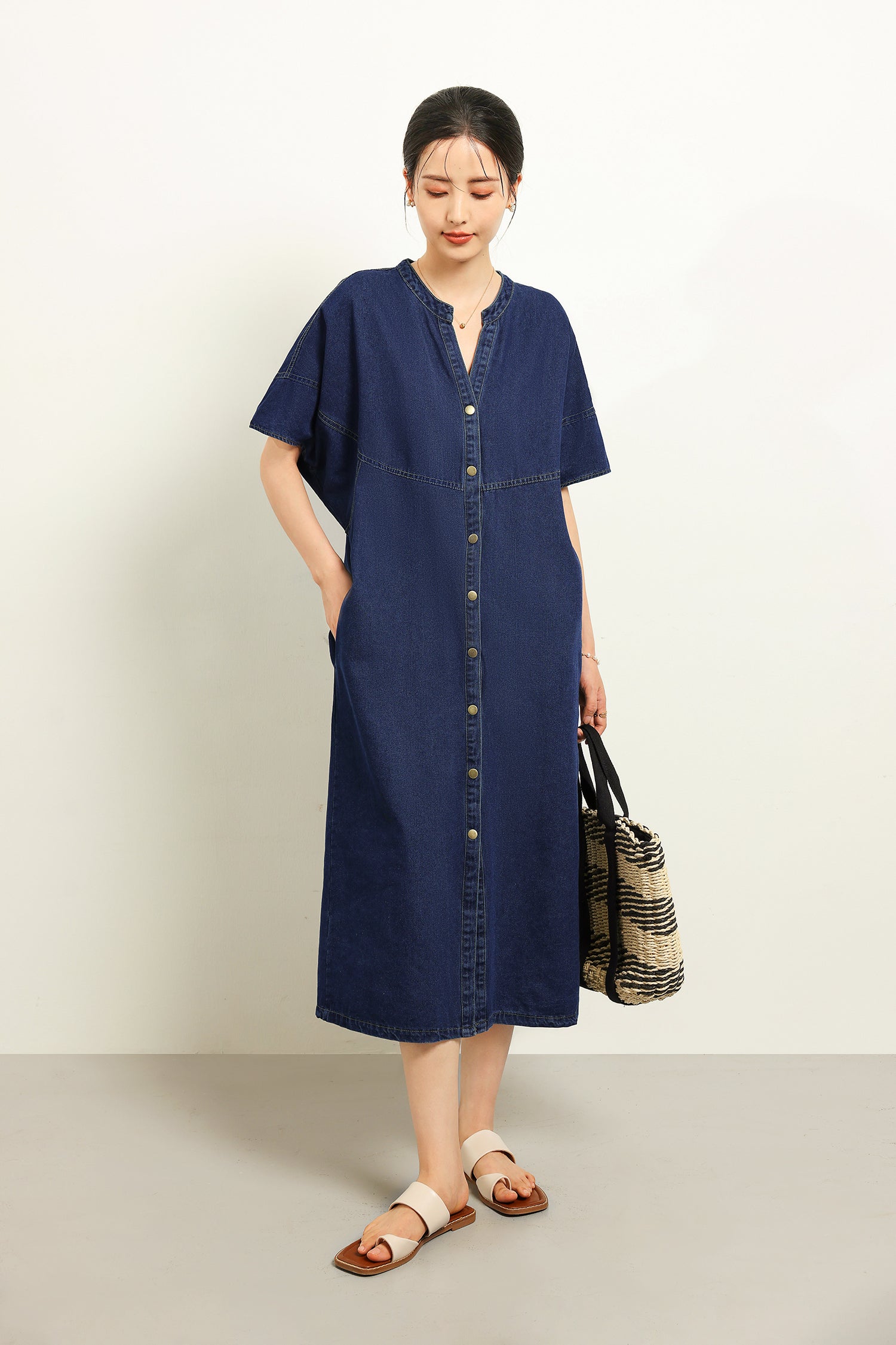 スキッパーカラーデニムロングシフトワンピース　2色入 - liwisi