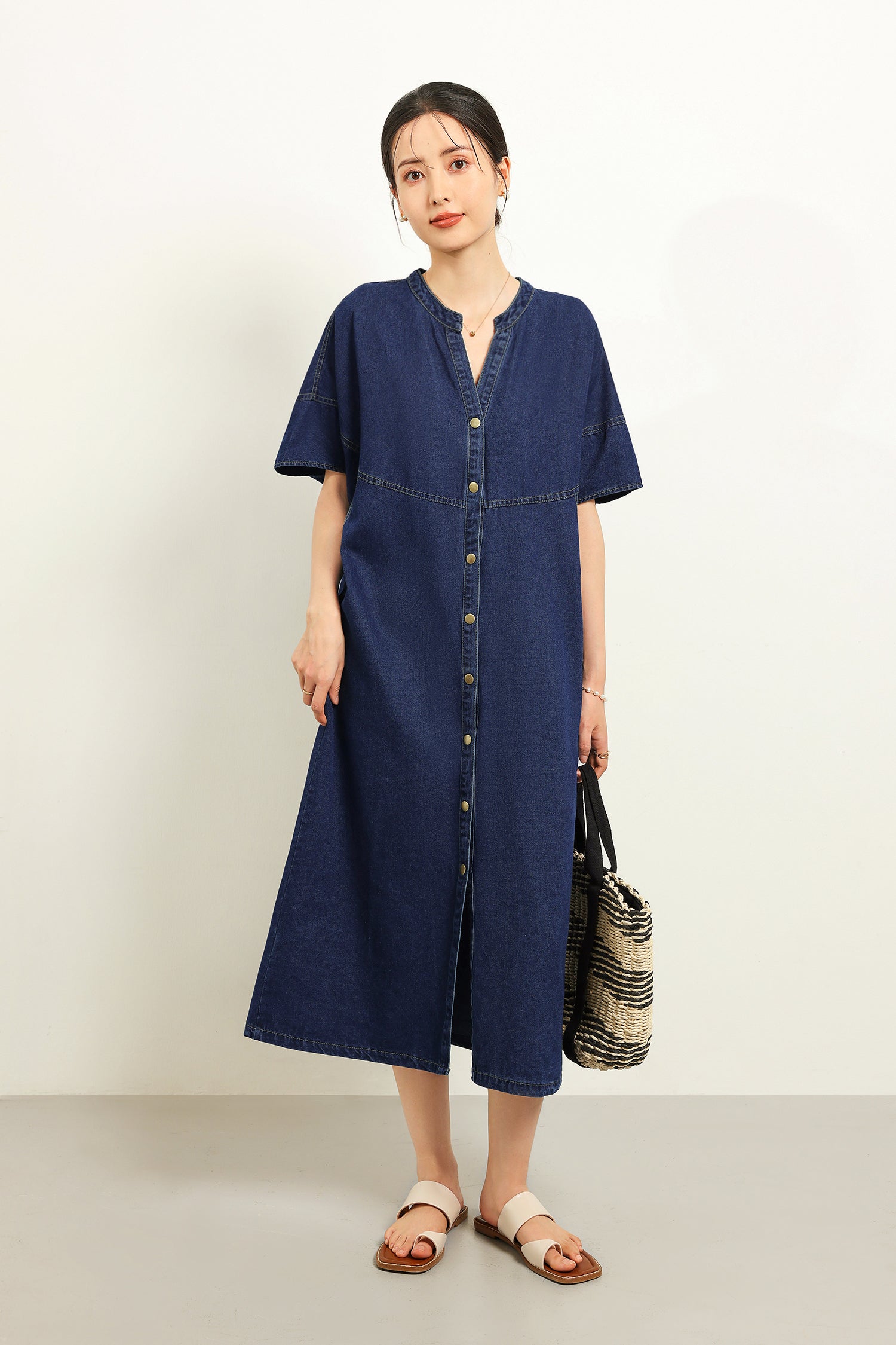 スキッパーカラーデニムロングシフトワンピース　2色入 - liwisi