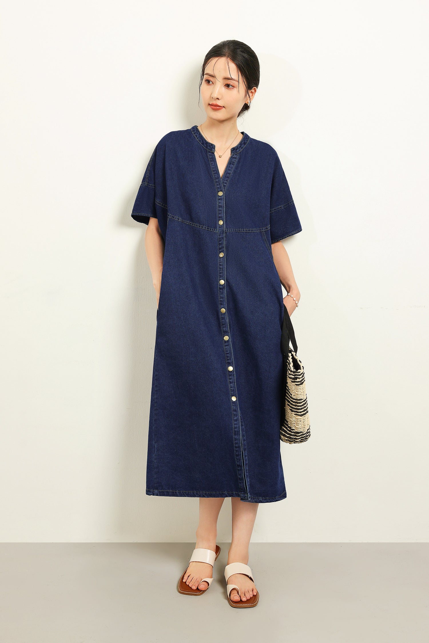 スキッパーカラーデニムロングシフトワンピース　2色入 - liwisi