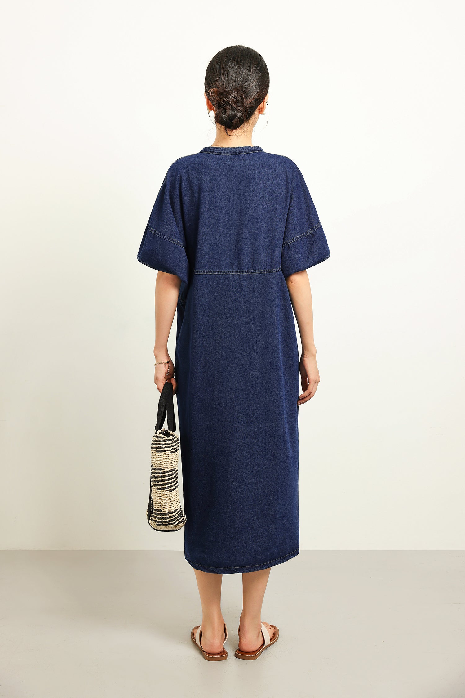 スキッパーカラーデニムロングシフトワンピース　2色入 - liwisi
