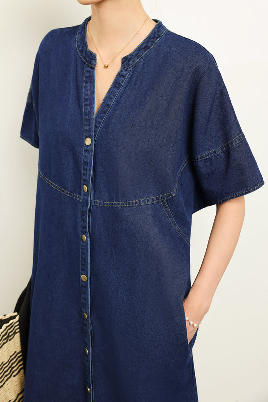 スキッパーカラーデニムロングシフトワンピース　2色入 - liwisi