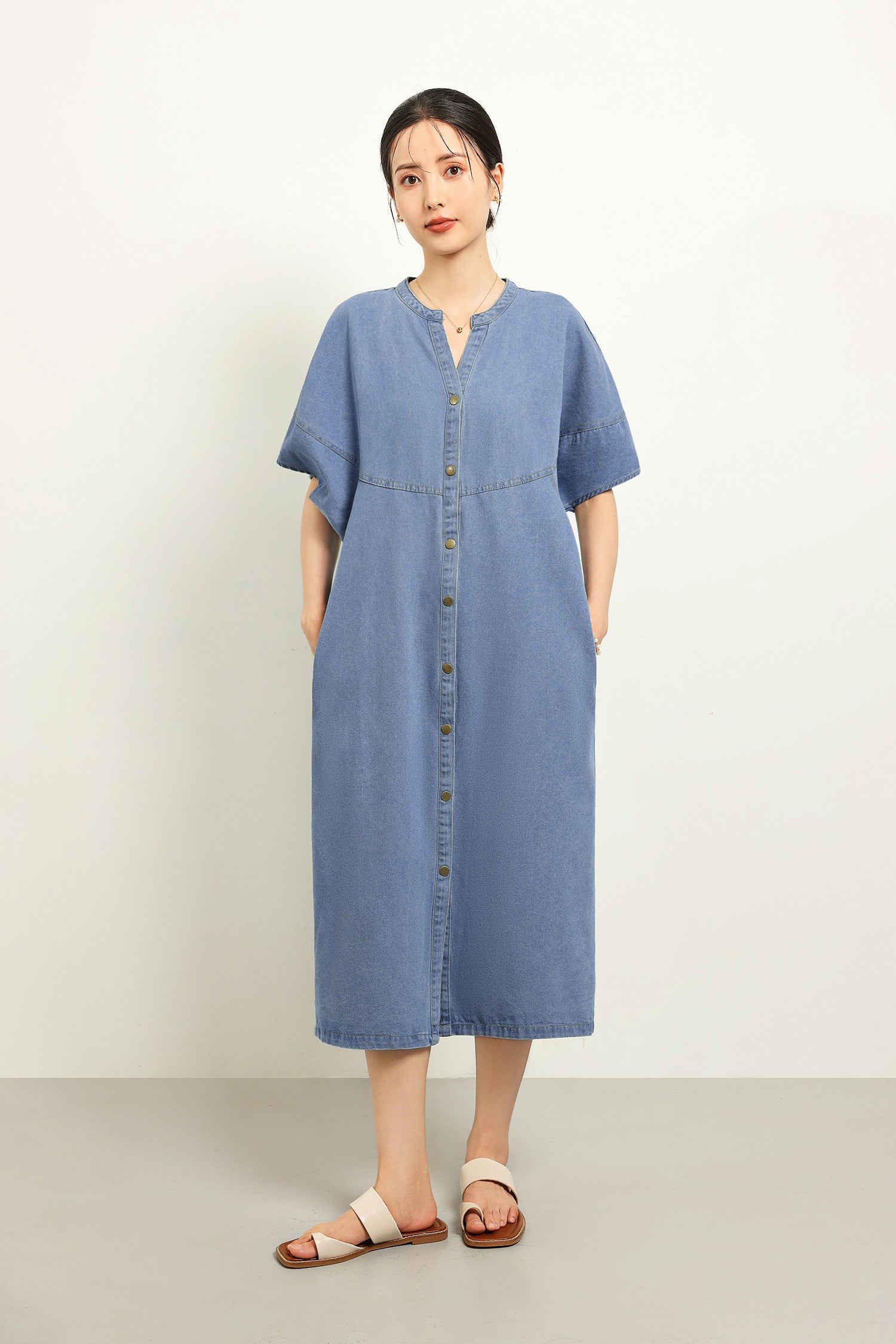 スキッパーカラーデニムロングシフトワンピース　2色入 - liwisi