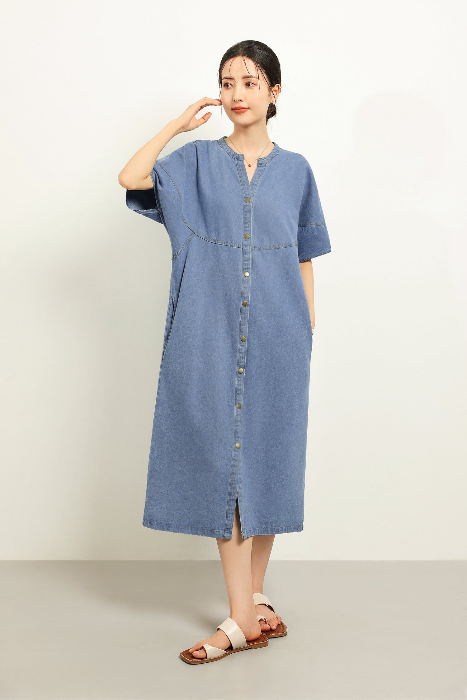 スキッパーカラーデニムロングシフトワンピース　2色入 - liwisi