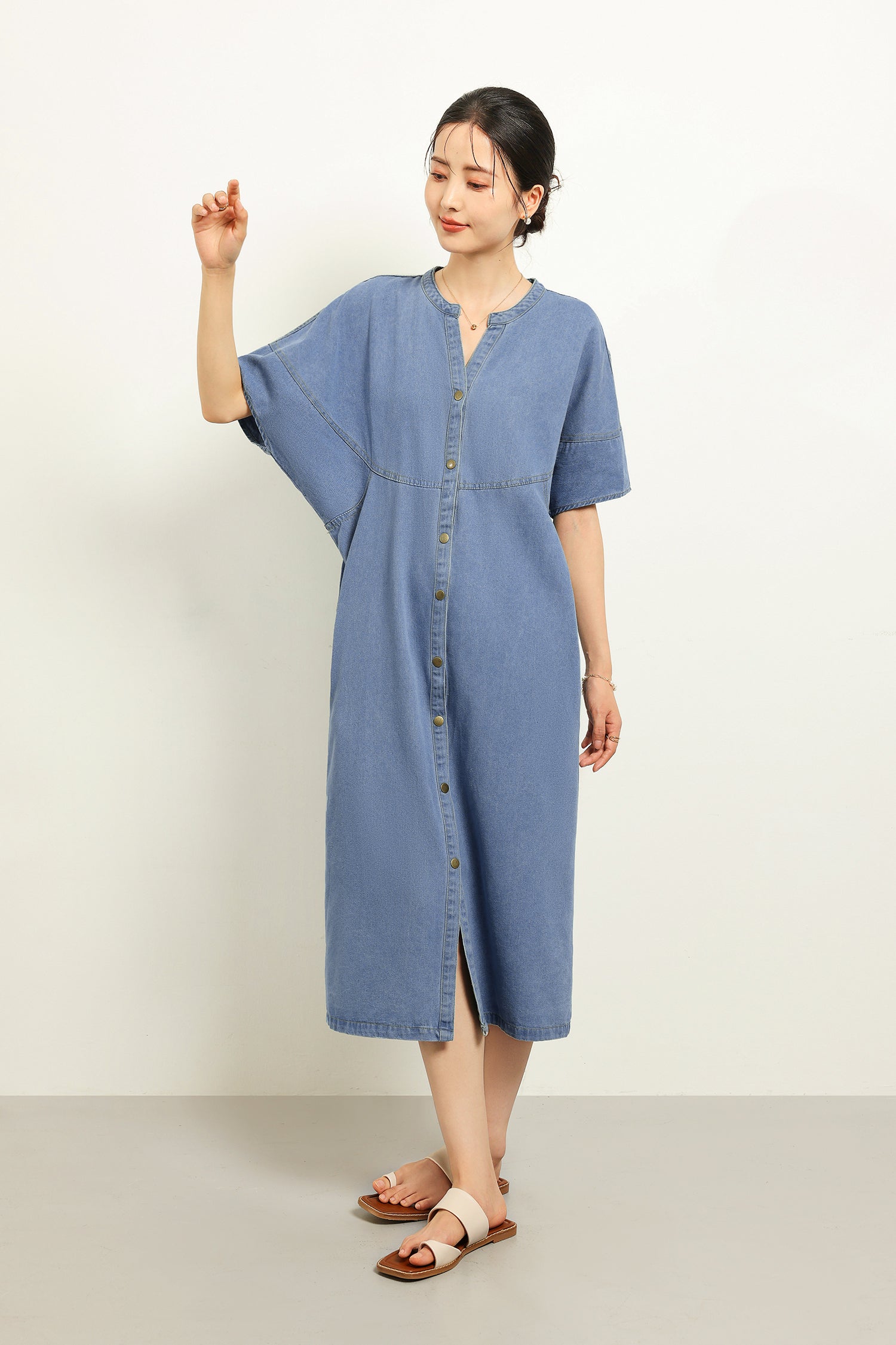 スキッパーカラーデニムロングシフトワンピース　2色入 - liwisi