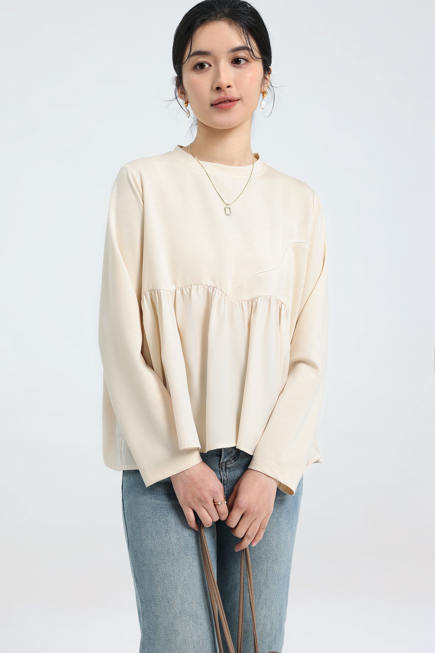 異素材サイドパイピング装飾ペプラムTシャツ　2色入 - liwisi