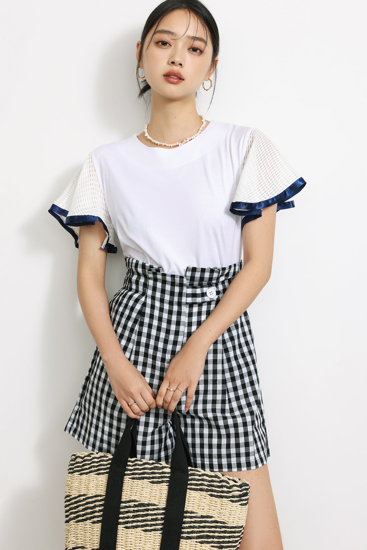 サイドポケットチェック柄フリルショートパンツ - liwisi