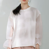Round Neck Side Slit Sheer Sleeve T-Shirt