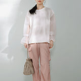Round Neck Side Slit Sheer Sleeve T-Shirt
