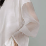 Round Neck Side Slit Sheer Sleeve T-Shirt
