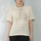 T-shirt sempadan timbul leher bulat, disertakan 2 warna
